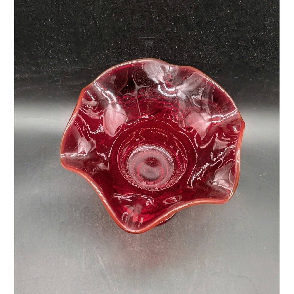 Ruby Red Glass Compote Ruffled Rim Grapevine Pattern Pedestal Candy Dish - Picture 3 of 9